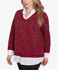 Ruby Rd. Plus Metallic Floral Layered Shirt Collar Sweater