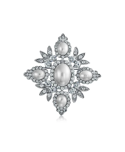 Bling Jewelry Statement Fashion Crystal Leaf Flower White Faux Pearl Brooch Pin Silver Plated
