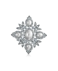Bling Jewelry Statement Fashion Crystal Leaf Flower White Faux Pearl Brooch Pin Silver Plated