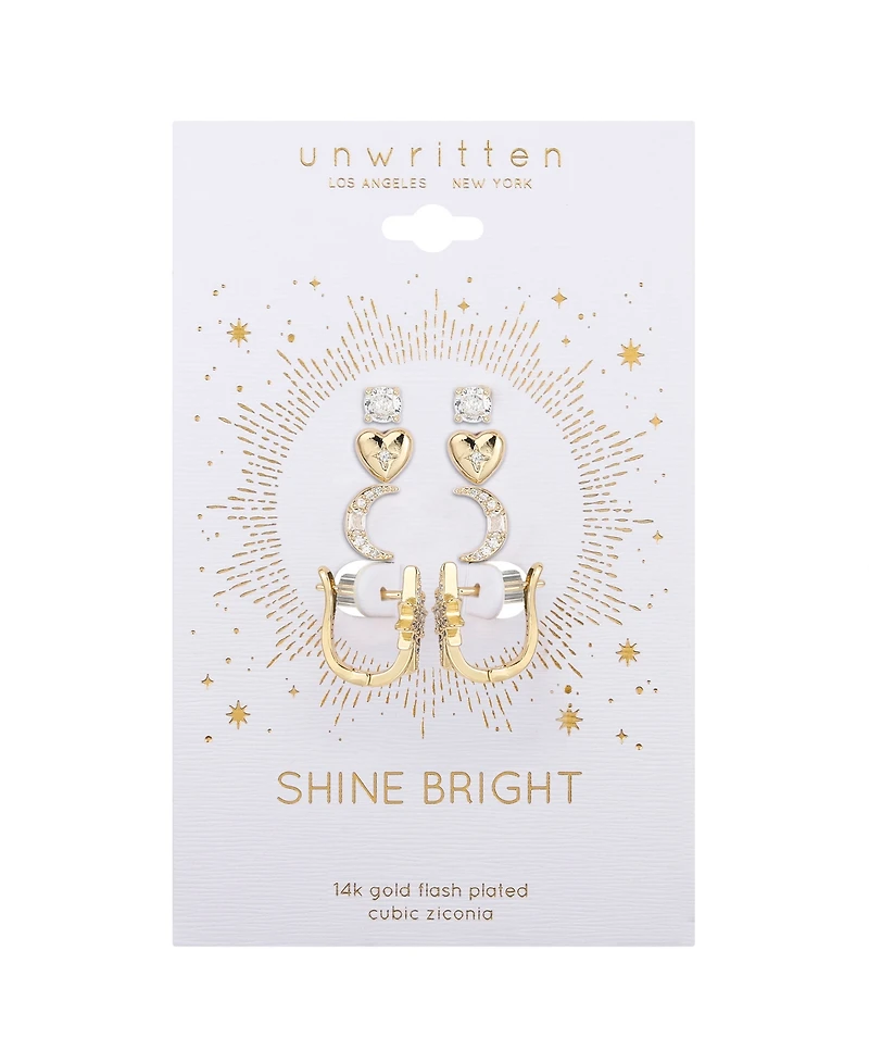 Unwritten Cubic Zirconia Heart Moon Star Hoop Stud Earring Set