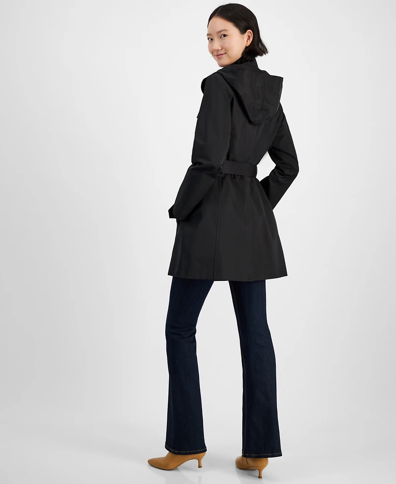 London Fog Petite Zip-Front Belted Long-Sleeve Rain Coat