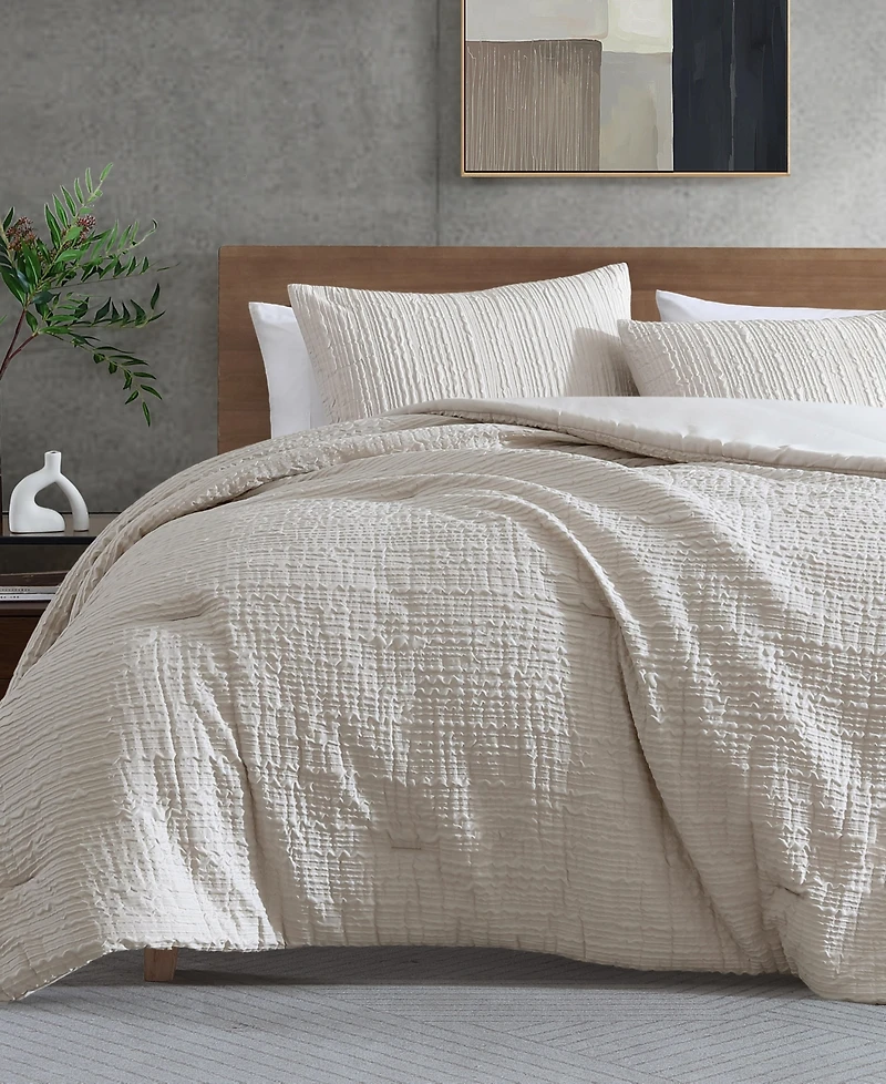 Kenneth Cole New York Serenity Wavy Lines Beige Embossed 3-Pc. Duvet Cover Set, Full/Queen