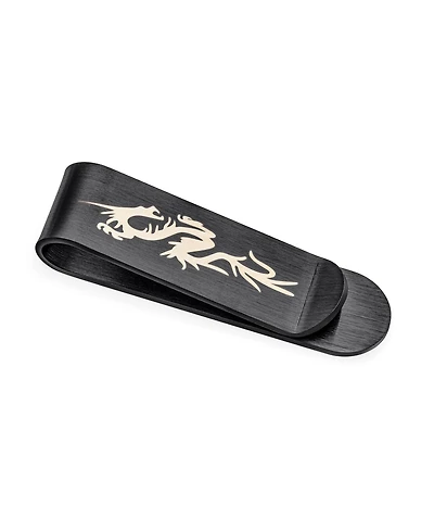 Bling Jewelry Two Tone Asian Style Black Grey Slender Strong Dragon Money Clip Card Holder Gift Father Laser Etched Black Ip Stainless Steel