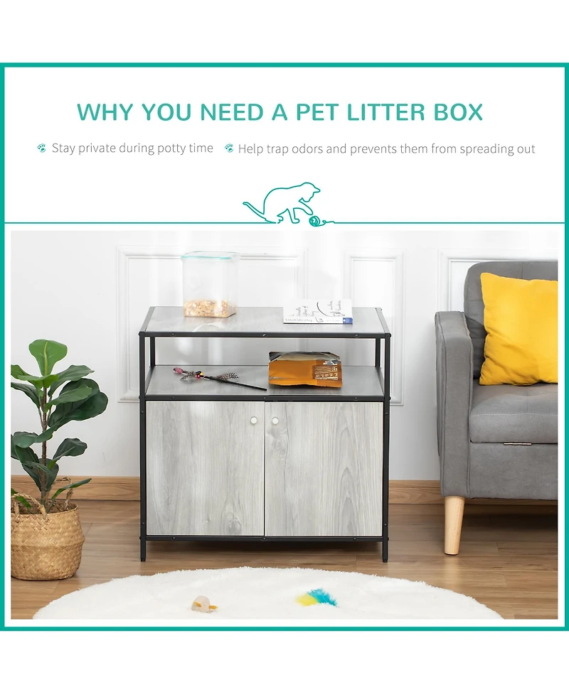 Wooden Cat Litter Box Enclosure, Hidden Kitten Washroom, Indoor End Table with Magnetic Doors & Storage Shelves, Gray