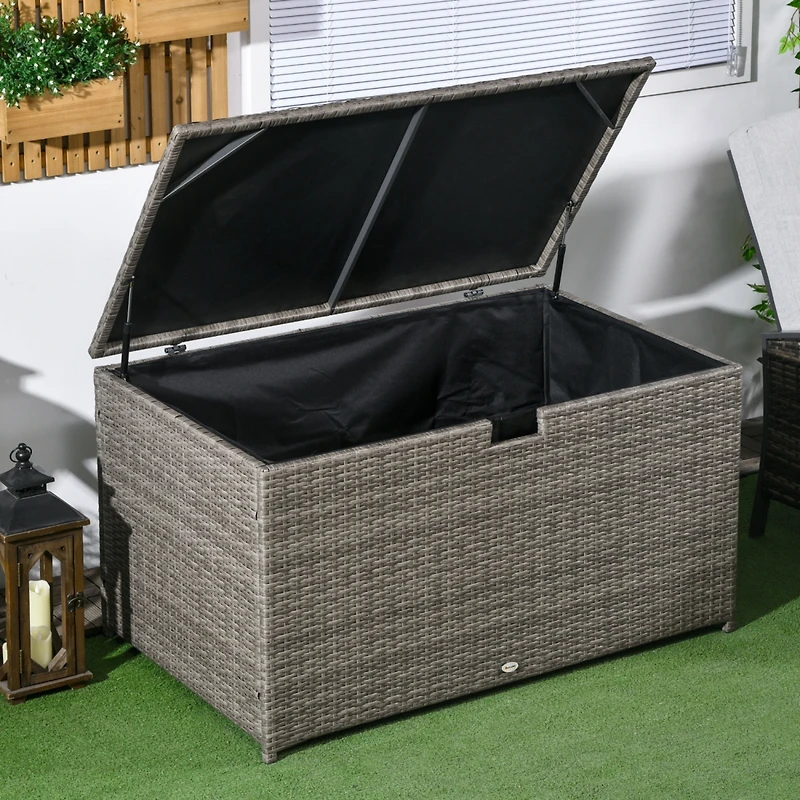 113 Gallon Deck Box, Rattan Outdoor Storage Box, Waterproof Storage Container for Indoor, Patio Furniture Cushions, Pool Toys, Garden Tools, Gray