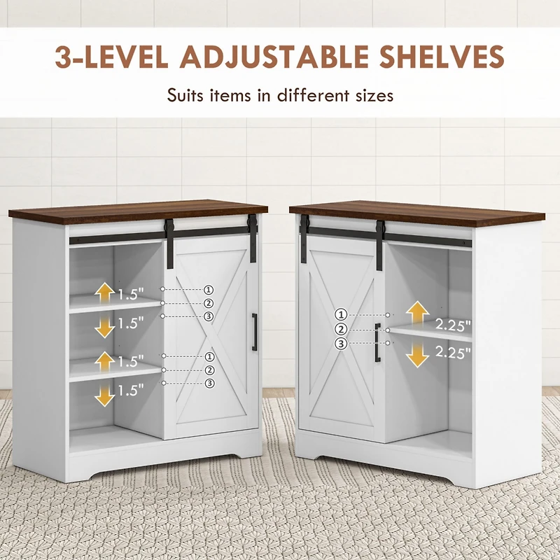 Farmhouse Coffee Bar Cabinet, 33" Buffet Sideboard with Sliding Barn Door and Adjustable Shelf, Kitchen Buffet Cabinet, White
