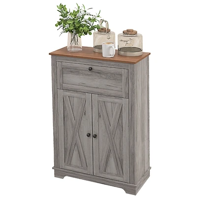 Farmhouse Barn Door Accent Cabinet, Kitchen Sideboard Storage Cabinet with Double Doors, Drawer, and Adjustable Shelf for Bedroom, Living Room, Gray