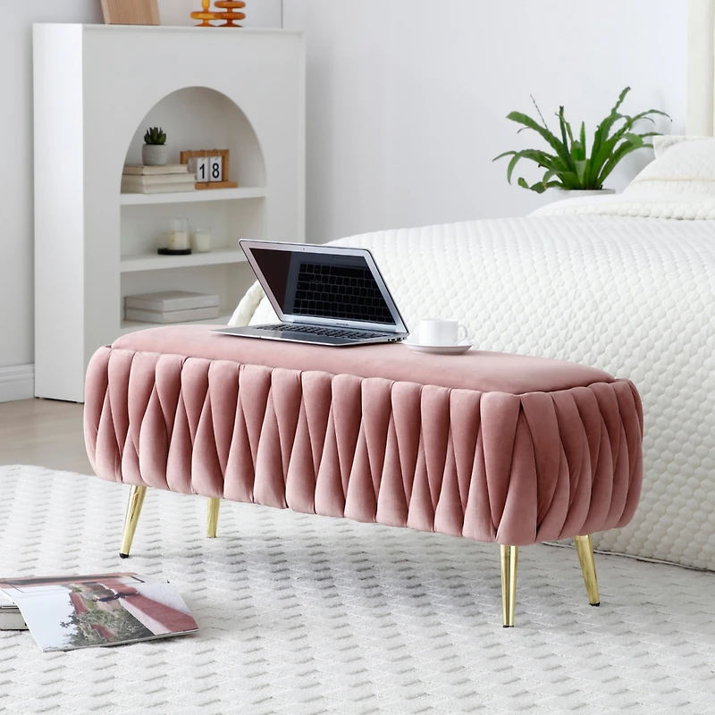 Oval Storage Bench with Gold Legs, Velvet Fabric Upholstered Ottoman Storage Benches for Bedroom End of Bed, Sherpa Fabric Bench for Living Room, Dini