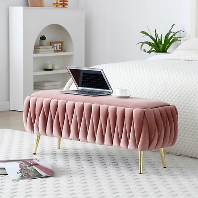 Oval Storage Bench with Gold Legs, Velvet Fabric Upholstered Ottoman Storage Benches for Bedroom End of Bed, Sherpa Fabric Bench for Living Room, Dini