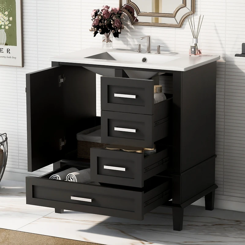 30" Bathroom Vanity, Modern Bathroom Cabinet with Sink Combo Set, Bathroom Storage Cabinet with a Soft Closing Door and 3 Drawers, Solid Wood Fra