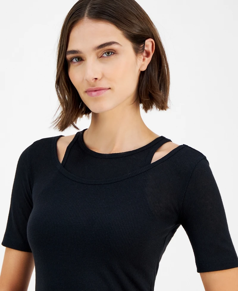 Boss Orange Women's Slim Ribbed Layered-Look Short-Sleeve Top