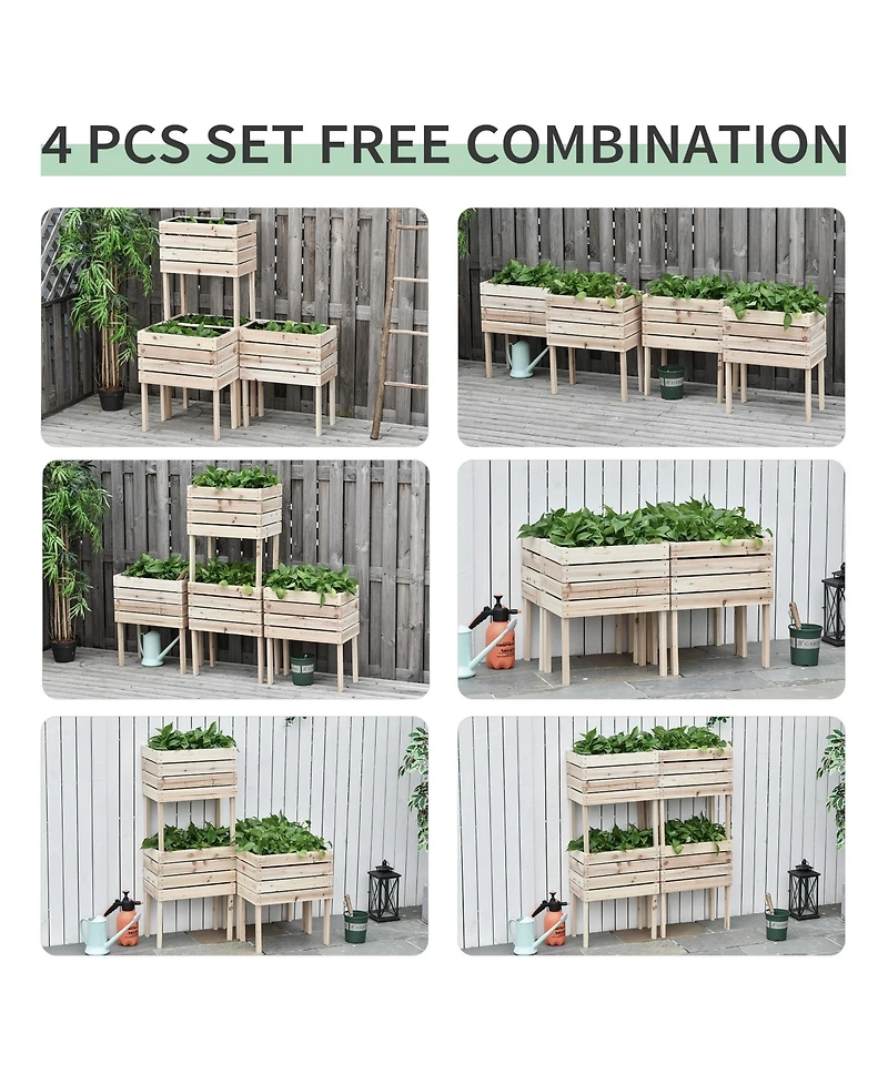 4PCS Raised Garden Bed, Wooden Elevated Planter Box Kit with Bed Liner, Diy Shape, for Flowers Vegetables