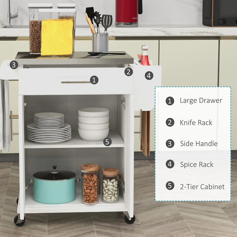 Kitchen Island on Wheels, Rolling Kitchen Cart with Stainless Steel Countertop, Drawer, Towel Rack and Spice Rack, Utility Storage Trolley, Cream Whit