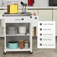 Kitchen Island on Wheels, Rolling Kitchen Cart with Stainless Steel Countertop, Drawer, Towel Rack and Spice Rack, Utility Storage Trolley, Cream Whit