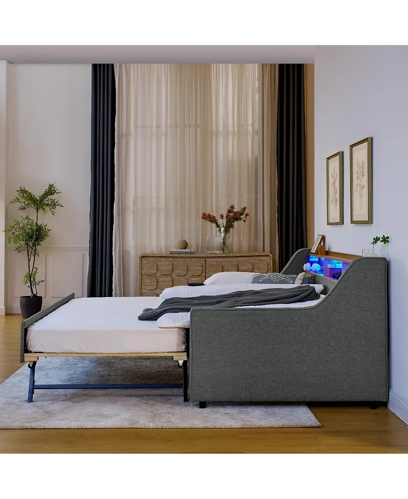 Streamdale Adjustable Linen Sofa Bed with Led Lights and Storage