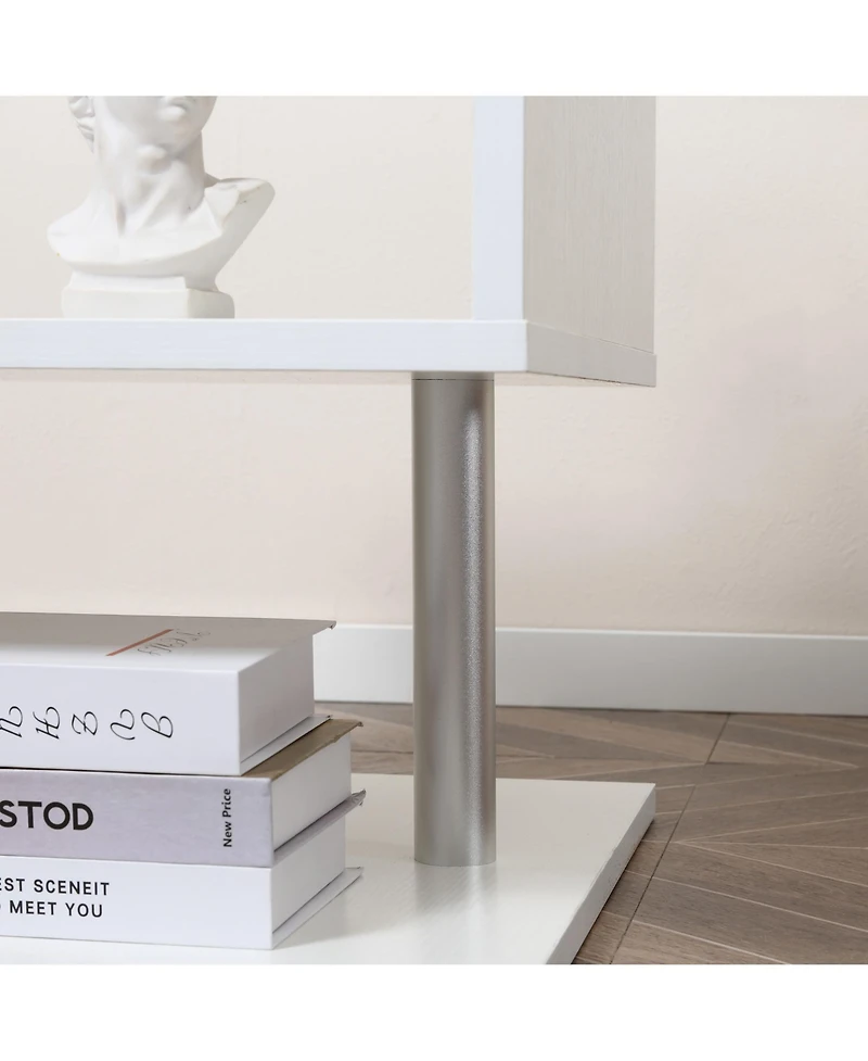 20" Modern End Table, Accent Side Table, S-Shaped Coffee Table with Storage Shelf and Steel Poles, White