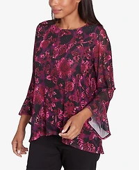 Ruby Rd. Petite Foiled Floral Mesh Crew Neck Blouse
