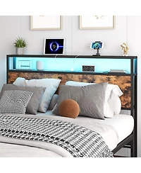 gaomon Headboard for Queen Size Bed with Storage, Adjustable Metal & Wood Headboard with 2 Outlets, Led Lights, Usb Ports, and Storage Rack, Sturdy &