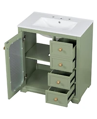 30-inch bathroom vanity with a soft close glass door, adjustable shelves, and three drawers