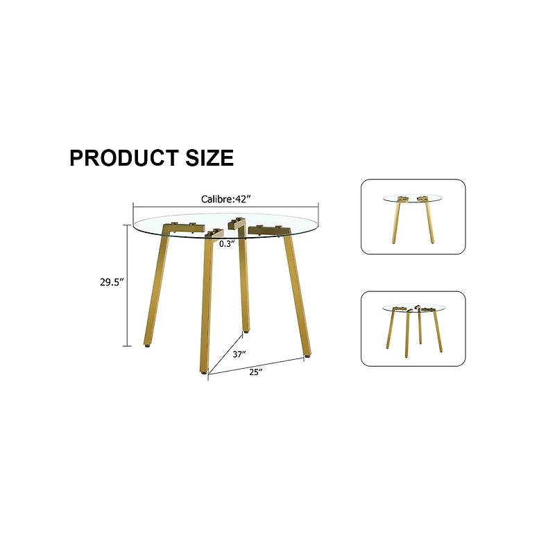 Streamdale Furniture Modern minimalist style circular transparent tempered glass table, tempered glass tabletop, golden metal legs, suitable for kitch