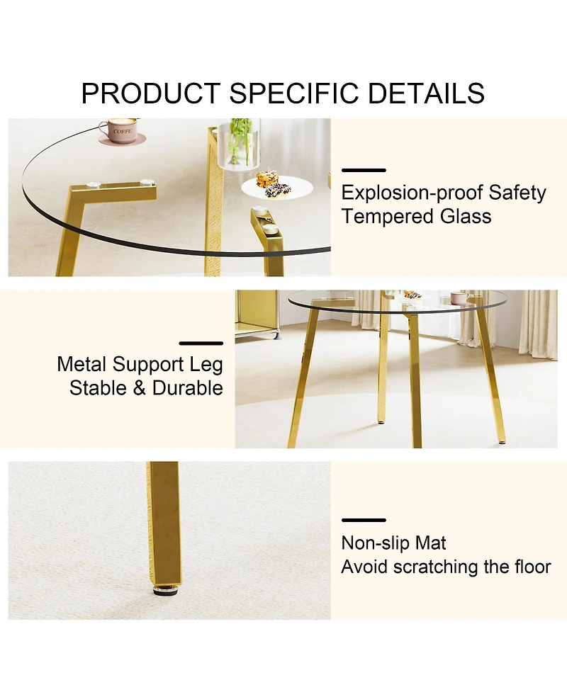 Streamdale Furniture Modern minimalist style circular transparent tempered glass table, tempered glass tabletop, golden metal legs, suitable for kitch