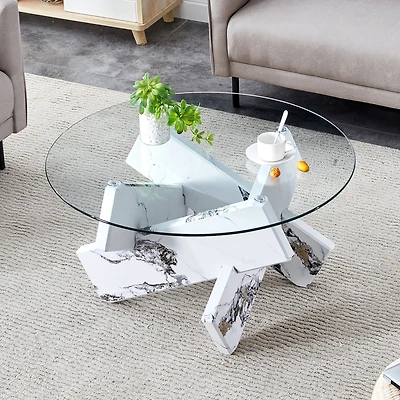 Streamdale Furniture Round glass coffee table, 33.4" modern design unique coffee table. Tempered glass countertop with white patterned Mdf legs. Suita
