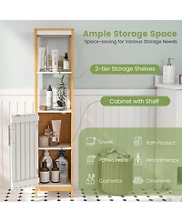 Gymax Tall Bathroom Floor Cabinet Bamboo Bathroom Storage w/Adjustable Shelf &Cupboard