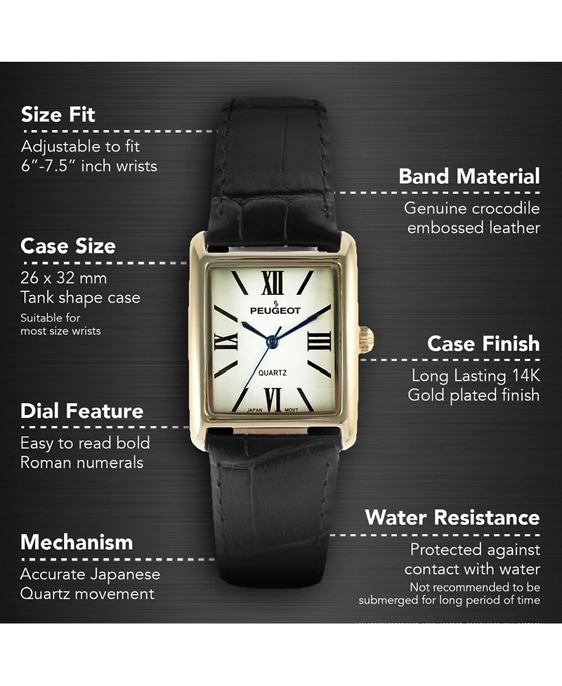 Peugeot Women's Tank Watch Roman Dial Black Leather Strap