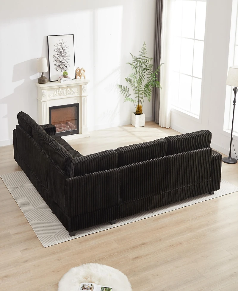 Streamdale Oversized Corduroy Corner Sofa with Storage and Ports