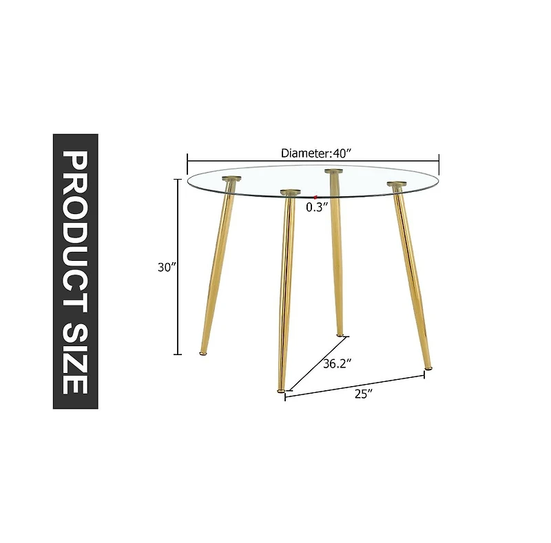 Streamdale Furniture A glass tabletop with a diameter of 40 inches and a modern minimalist circular dining table with gold plated metal legs. 40 ' 40'