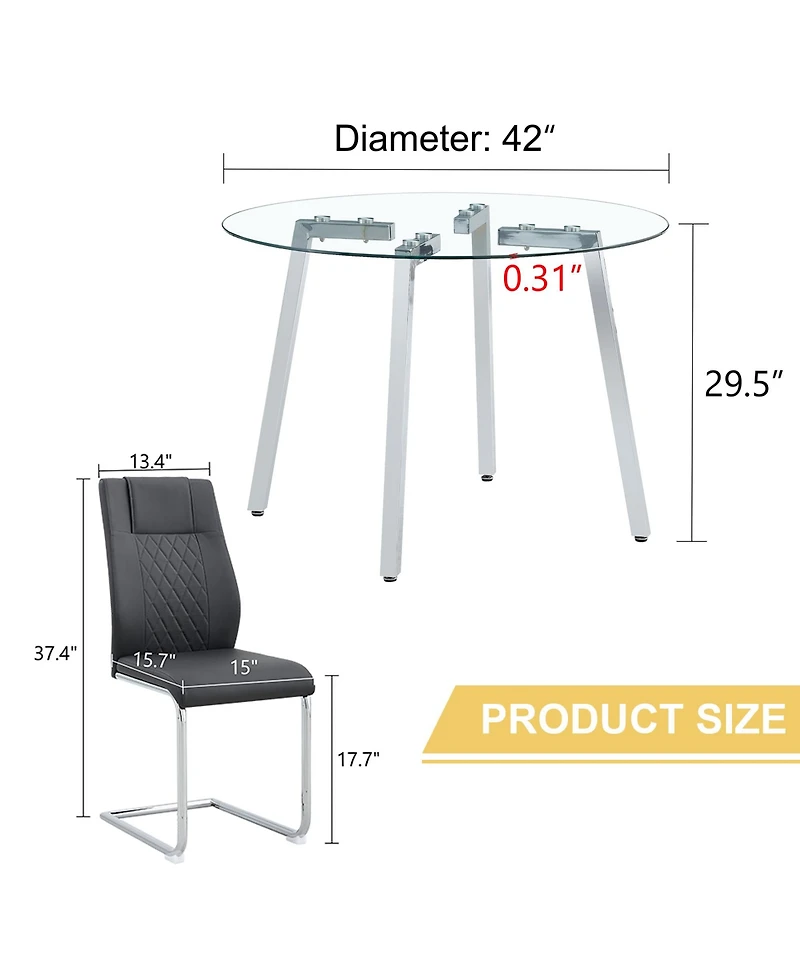 Streamdale Furniture Table and chair set.a Modern Minimalist Style Round Clear Tempered Glass Table with silver Metal Legs.Paired with 4 chairs with M