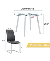 Streamdale Furniture Table and chair set.a Modern Minimalist Style Round Clear Tempered Glass Table with silver Metal Legs.Paired with 4 chairs with M