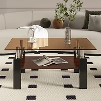 Streamdale Furniture Rectangle Coffee Table, Tempered Glass Tabletop with Mdf Layer, Modern Table for Living Room, Brown Glass