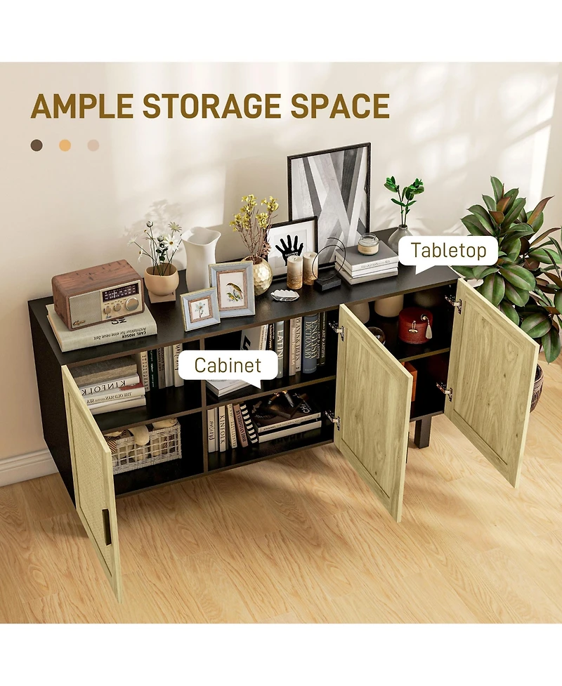 Sideboard Buffet Cabinet, Kitchen Cabinet, Coffee Bar Cabinet with 3 Rattan Doors and Adjustable Shelves, Black and Natural