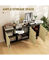 Sideboard Buffet Cabinet, Kitchen Cabinet, Coffee Bar Cabinet with 3 Rattan Doors and Adjustable Shelves, Black and Natural