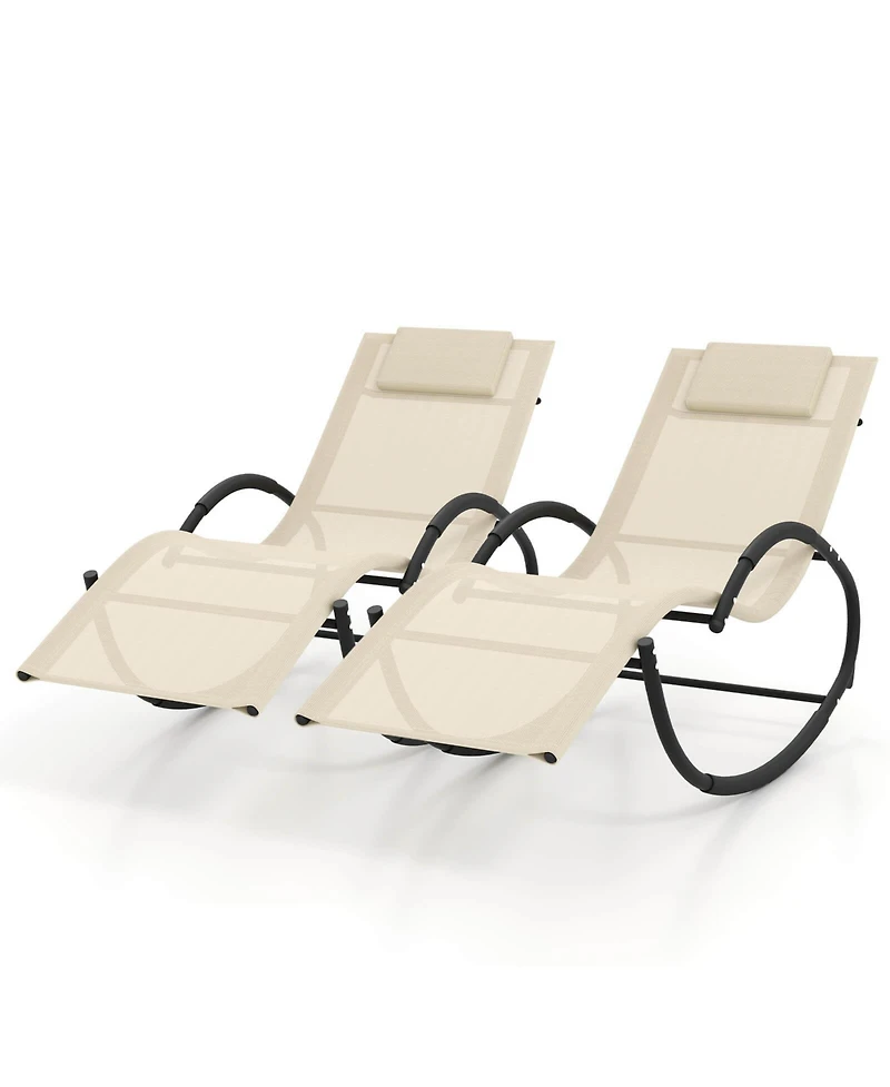2 Pcs Outdoor Rocking Lounge Chair with Removable Headrest Breathable Backrest & Seat