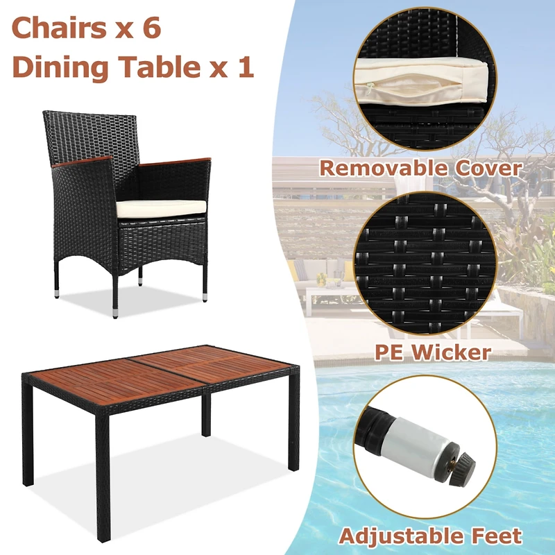 7-Piece Outdoor Patio Dining Set, Garden Pe Rattan Wicker Dining Table and Chairs Set, Acacia Wood Tabletop, Stackable Armrest Chairs with Cushions, R