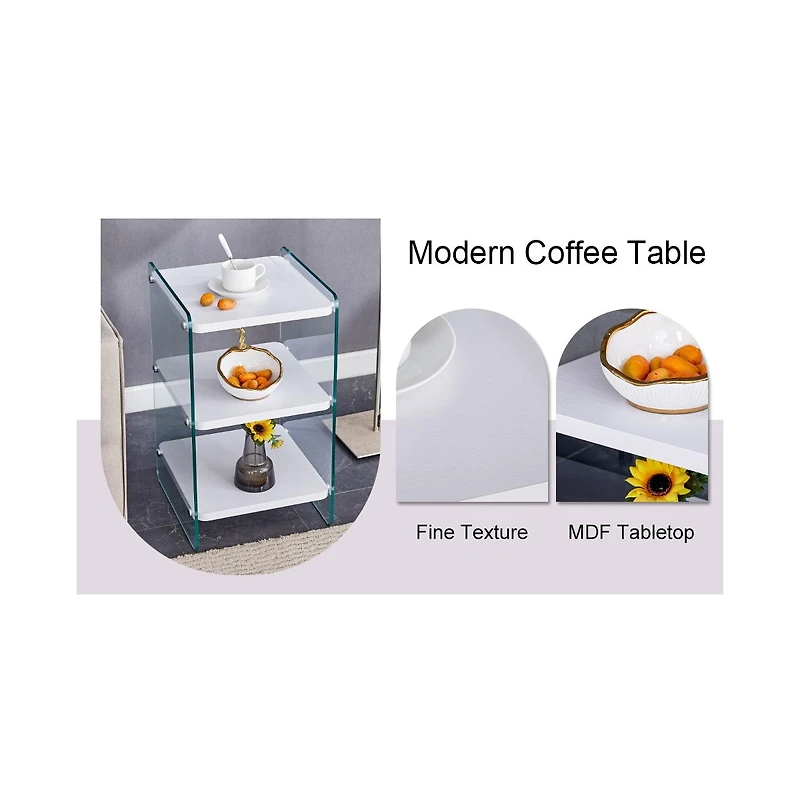 Streamdale Furniture Three levels of bedside tables. The board surface is Mdf, with white stickers, and both sides are transparent tempered glass. The