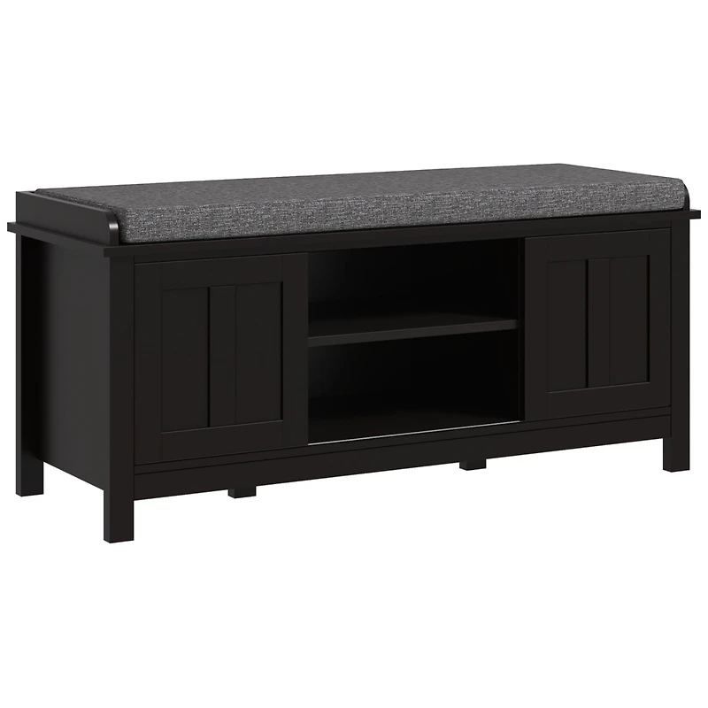 Entryway Shoe Bench Storage Ottoman with Sliding Doors, Adjustable Shelving, 6 Compartments, and Padded Seat, Holds 10 Pairs, Black