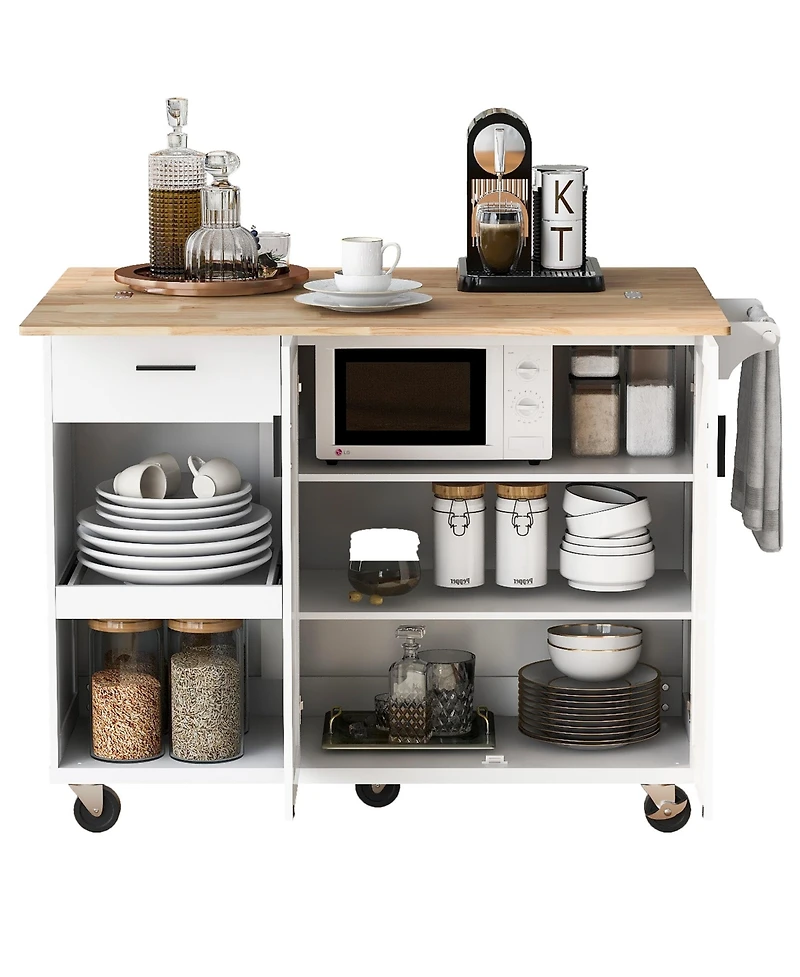 Simplie Fun Kitchen Island with Foldable Counter Top, Kitchen Storage Cart with Slide-Out Shelf, Towel Rack and Drawer, Rolling Kitchen Cart on Wheels