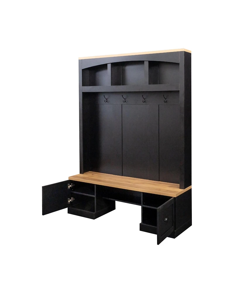 Streamdale 4-in-1 Farmhouse Hall Tree with Wood Bench and Black Hooks