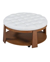Streamdale Furniture Modern Large Round Ottoman Coffee Table 2-Tier Oversized Button Tufted Ottoman with Wood Shelf Storage Upholstered Coffee Table f