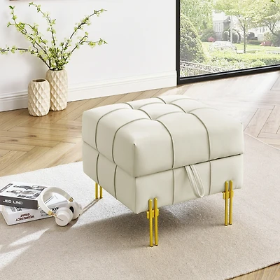 Streamdale Anti-Scratch Leather Storage Ottoman with Golden Legs (Beige)