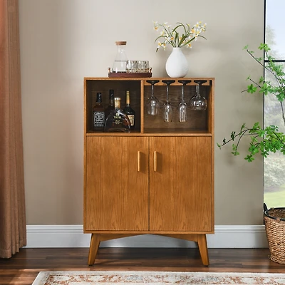 Simplie Fun 31.5" Liquor Cabinet with Wine Glass Holder & Wine Rack & Adjustable Shelf, Wine Cabinet, Kitchen Coffee Bar Cabinet, Rustic Sideboard Buf