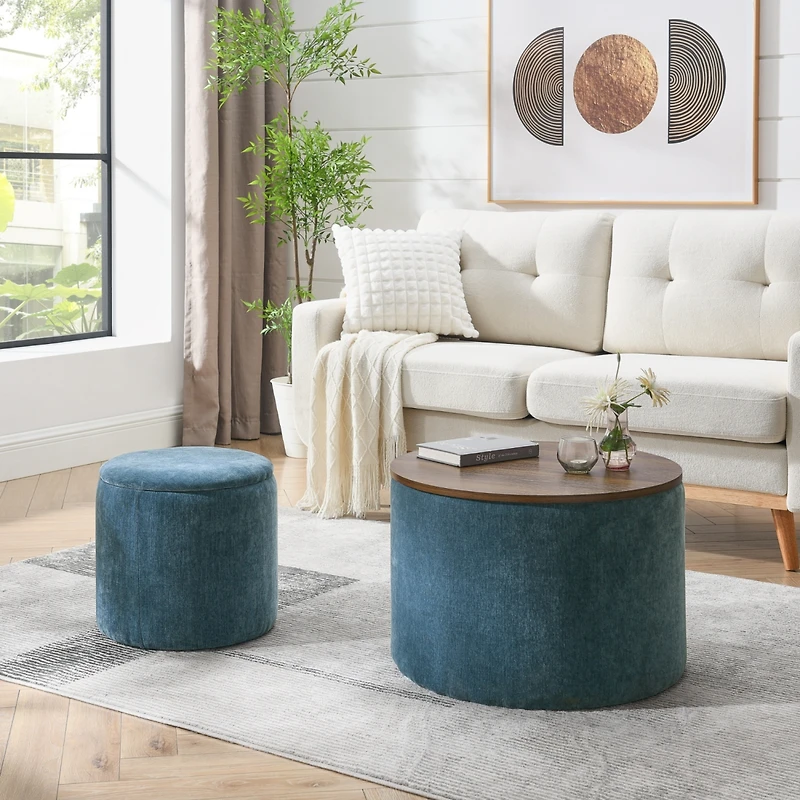 Streamdale Chenille Storage Ottoman with Stool and Desktop (Dark Blue)