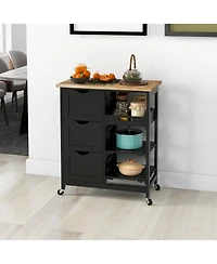Rolling Kitchen Island Cart, Bar Serving Cart, Compact Trolley on Wheels with Wood Top, Shelves & Drawers for Home Dining Area, Black