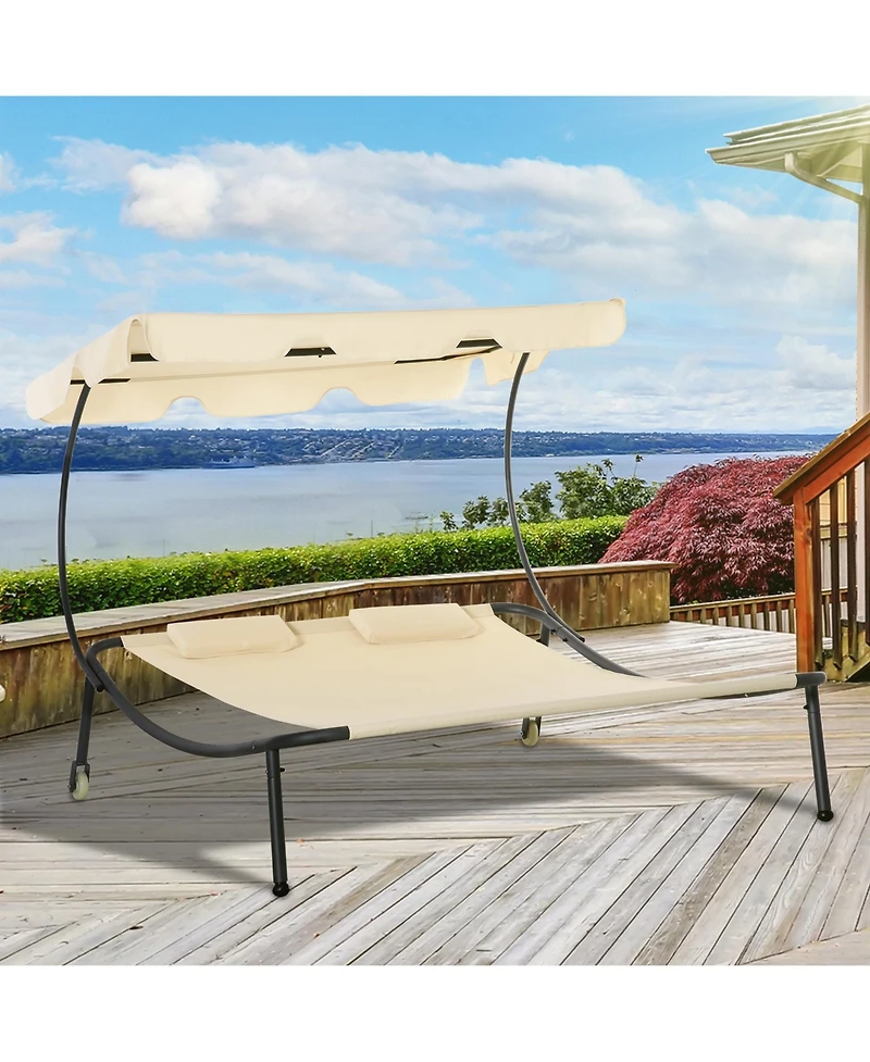 Patio Double Chaise Lounge Chair, Outdoor Wheeled Hammock Daybed with Adjustable Canopy and Pillow for Sun Room, Garden, or Poolside, Beige