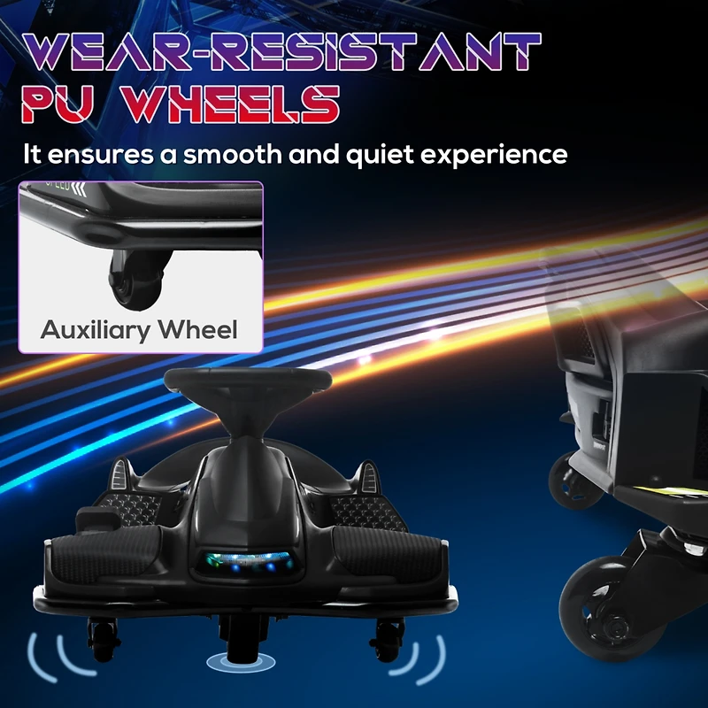12V Electric Go Kart, 5 Mph Drifting Car, Battery Powered Ride on Toy Outdoor with Slow Start, Music, Colorful Lights, for 8-12 Years Old, Black