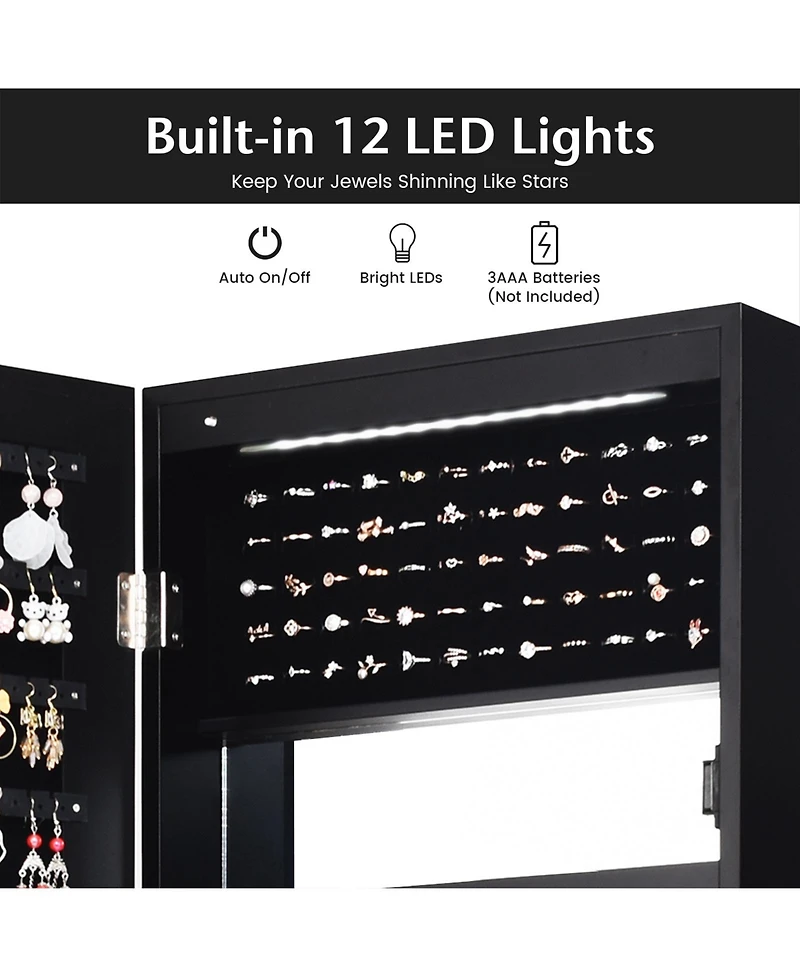 Sugift Lockable Wall Door Mounted Mirror Jewelry Cabinet with Led Lights
