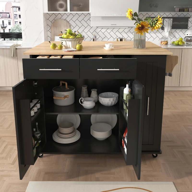 Simplie Fun Kitchen Island with Drop Leaf, Kitchen Storage Cart with 3 Tier Pull Out Cabinet Organizer, Internal Storage Rack, Rolling Kitchen Cart on